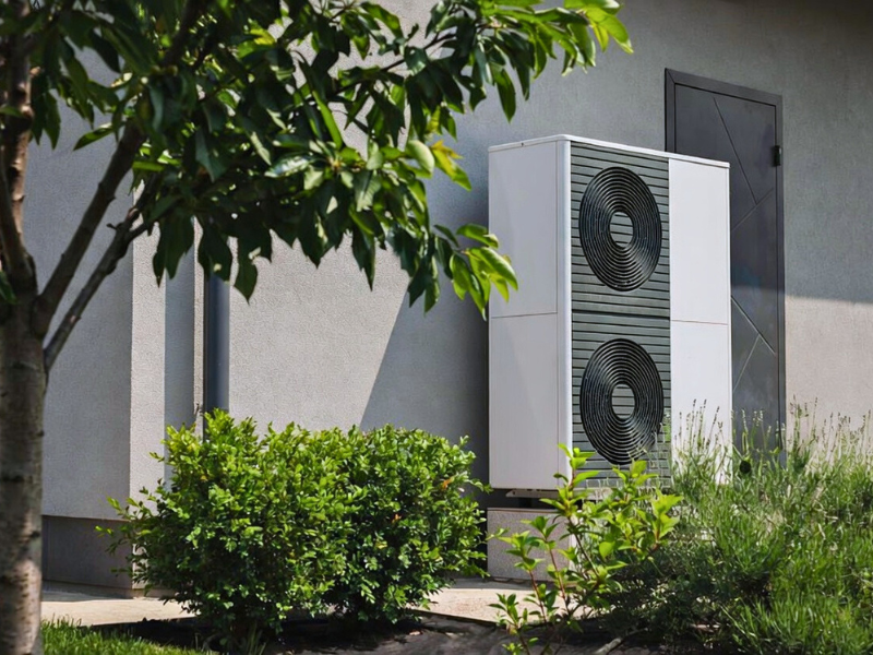 Modern levegő-víz hőszivattyú kültéri egység esztétikus telepítése egy családi ház kertjében.