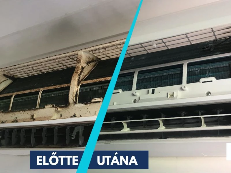 klíma tisztítás előtte utána beltéri egység szennyezett és tiszta állapot budapest
